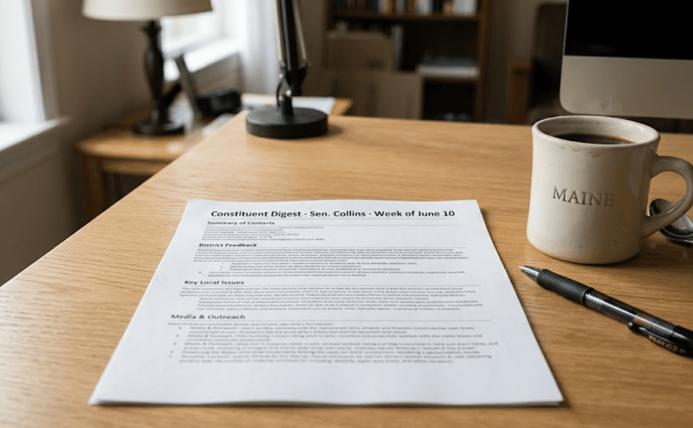 PolitiRise team member handing a Constituent Digest to a district office staffer