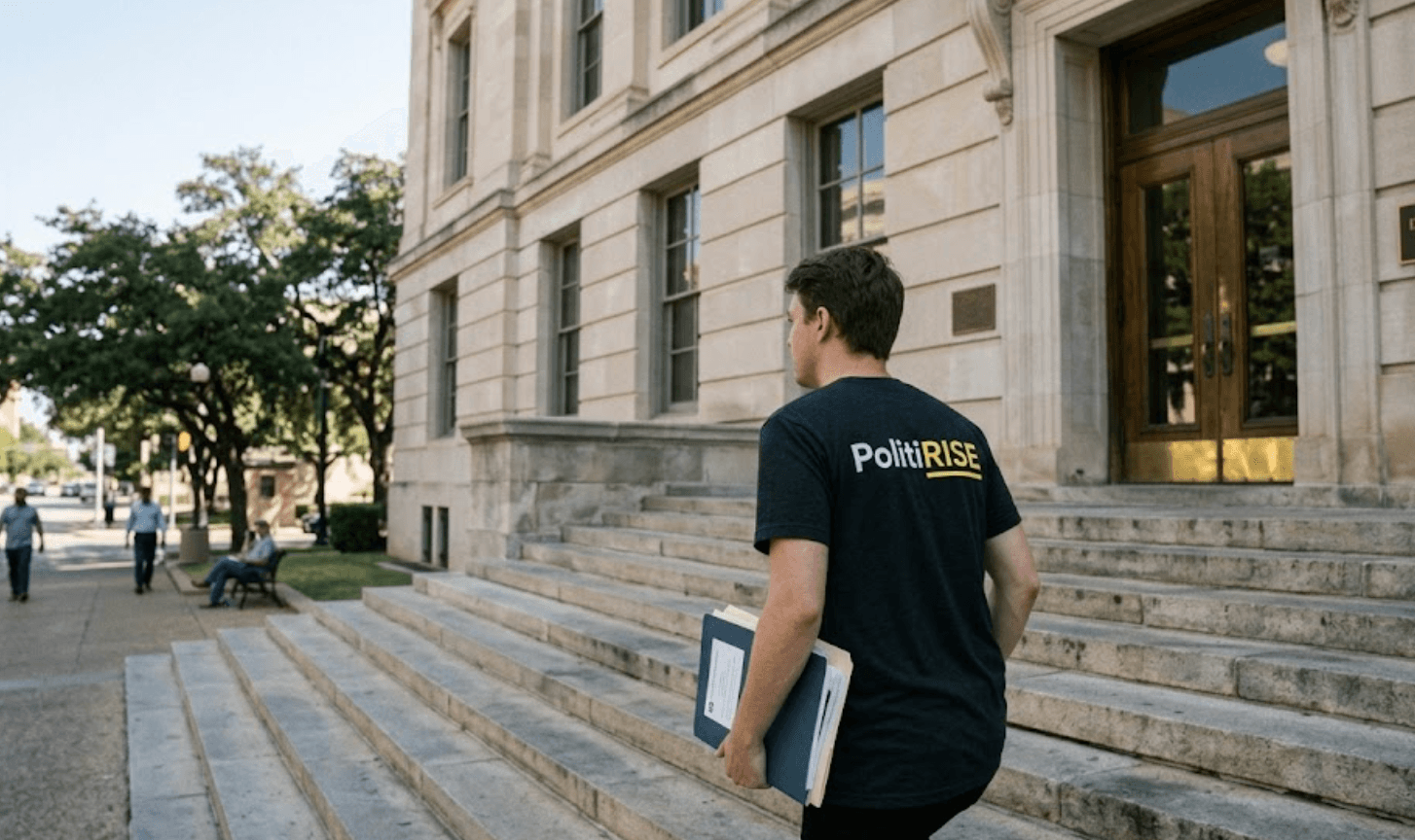 PolitiRise team member ascending government building steps